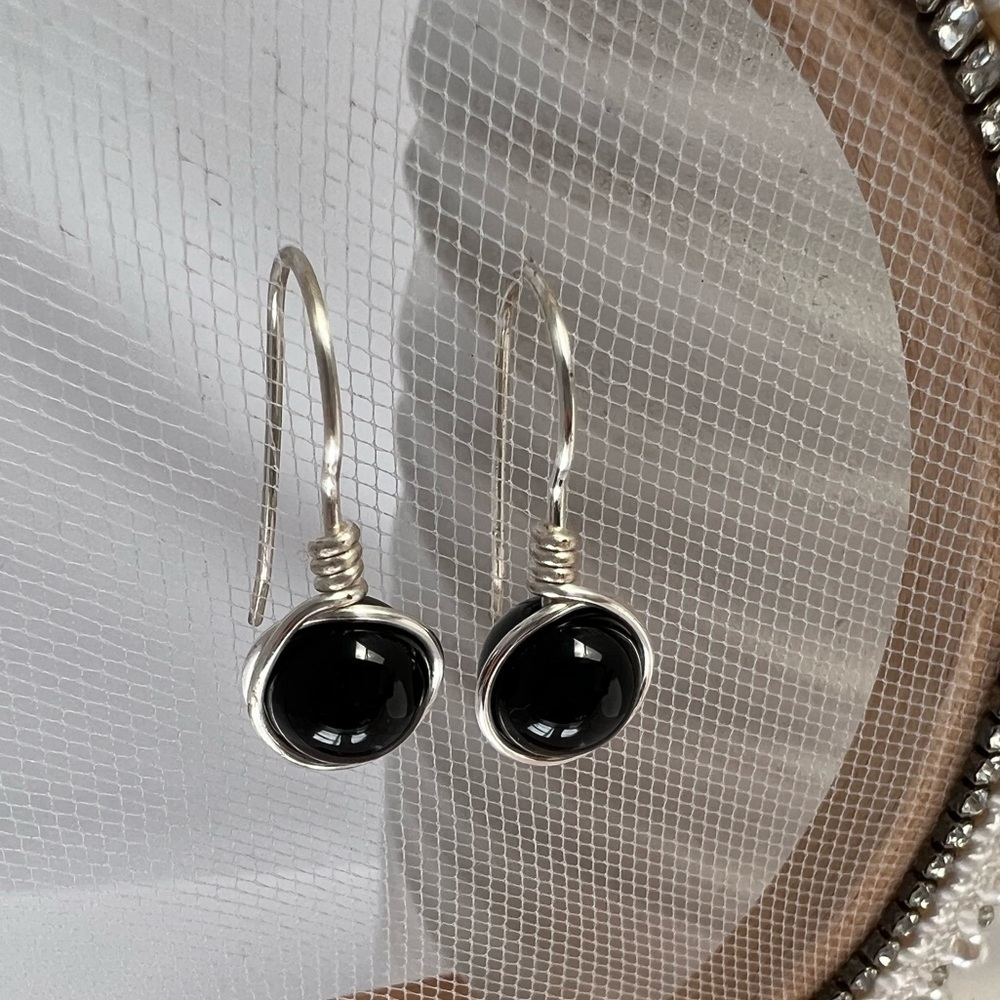 Black Onyx Wire Wrapped Minimalist Earrings - Picture 5 of 12